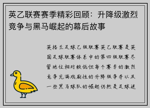 英乙联赛赛季精彩回顾：升降级激烈竞争与黑马崛起的幕后故事