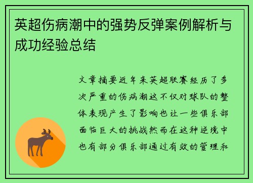 英超伤病潮中的强势反弹案例解析与成功经验总结 英超伤病潮中的强势反弹案例解析与成功经验总结