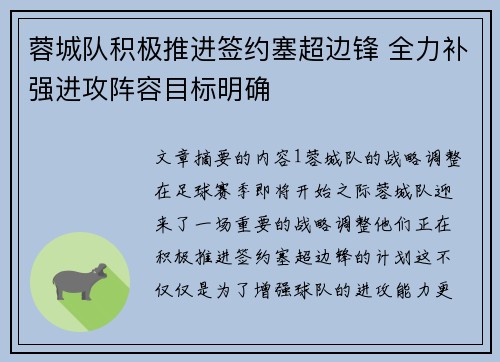 蓉城队积极推进签约塞超边锋 全力补强进攻阵容目标明确 蓉城队积极推进签约塞超边锋 全力补强进攻阵容目标明确